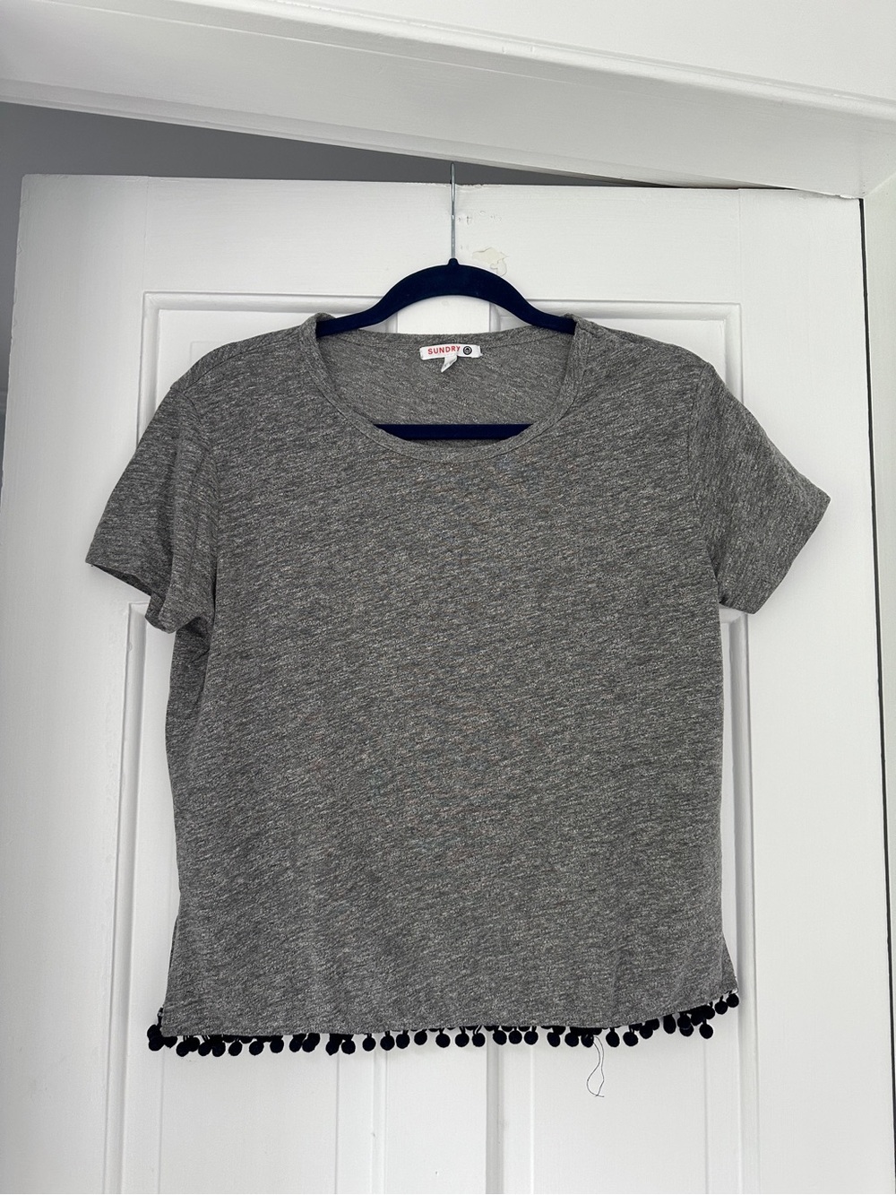 Sundry Gray Navy Pom Pom Tassel Tee Shirt Short Sleeve in Size 1